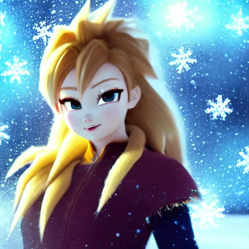 Image similar to portrait focus of super saiyan beautiful 3 d anime girl posing, frozen ice, dark forest background, snowing, bokeh, inspired by masami kurumada, octane render