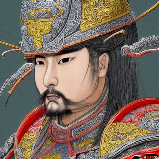 Image similar to dynamic composition, motion, ultra-detailed, incredibly detailed, a lot of details, amazing fine details and brush strokes, colorful and grayish palette, smooth, HD semirealistic anime CG concept art digital painting, watercolor oil painting of a Tang Ming dynasty chinese tao fantasy general wearing armor, from Three Kingdoms, by a Chinese artist at ArtStation, by Huang Guangjian, Fenghua Zhong, Ruan Jia, Xin Jin and Wei Chang. Realistic artwork of a Chinese videogame, gradients, gentle an harmonic grayish colors.