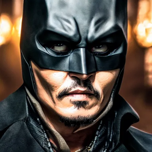 Image similar to film still of johnny depp as batman in the new batman movie, 4 k