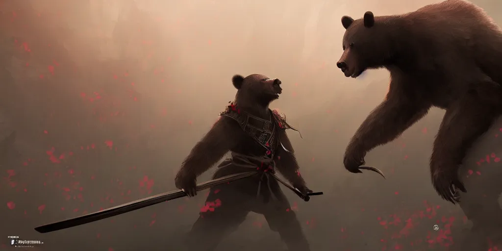 Image similar to an environmental concept art of samurai anthropomorohic black bear, samurai duel, sakura petals blowing in the wind, highly detailed, environmental light, epic, 8 k, artstation, deviantart, award winning, cinematic by francis tneh