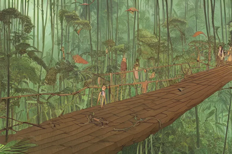 Image similar to insane perspective down view of a young indiana jones on a suspended wooden bridge entering a vast paradise jungle with a distant clearing, giant mushrooms, large white birds flying, exotic vegetation, large rocks with thick moss, banana trees, beautiful large flowers, god rays light. very graphic illustration by moebius and victo ngai, ghibli spirited away vibe, dynamic lighting, night mood