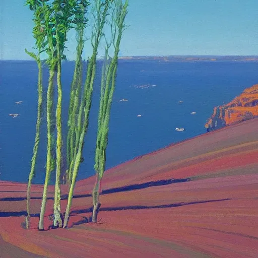 Image similar to painting of a lush natural scene on an alien planet by wayne thiebaud. beautiful landscape. weird vegetation. cliffs and water.