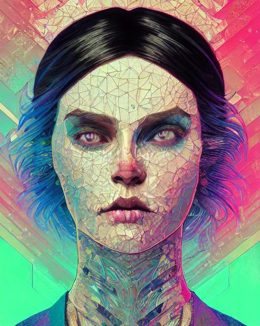 Prompt: glitch art close up portrait vampire, glitches, vaporwave, highly detailed, very intricate, art nouveau pixelated, neon glitch, chromatic aberration, harsh lighting, award - winning, concept art illustration by mandy jurgens and alphonse mucha and alena aenami, glitch color palette, featured on artstation