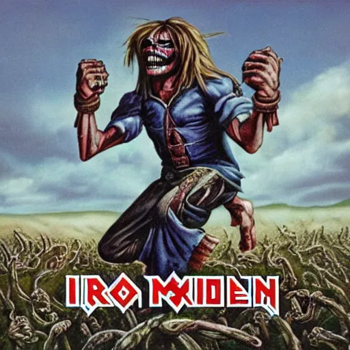 Image similar to iron maiden album cover, where eddie is dressed like a balerina