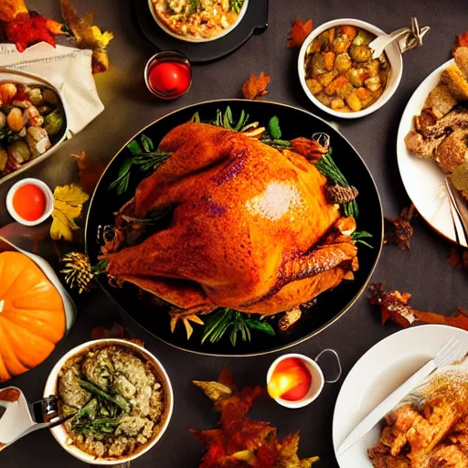 Image similar to delicious thanksgiving feast, food photography, award winning, highly detailed, high quality, high resolution