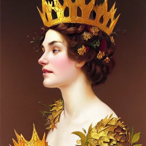 Prompt: left side portrait of a young queen with a golden crown, head only, headshot, royalty, surrounded by gold leaves by Stanley Artgerm Lau , greg rutkowski, thomas kindkade, alphonse mucha, loish, norman rockwell, J. C. Leyendecker. dark brown hair, mouth slightly open, thorn frame. D&D, fantasy. Trending on artstation rule of thirds extremely detailed render, extremely realistic, detailed lighting, octane hd 4k