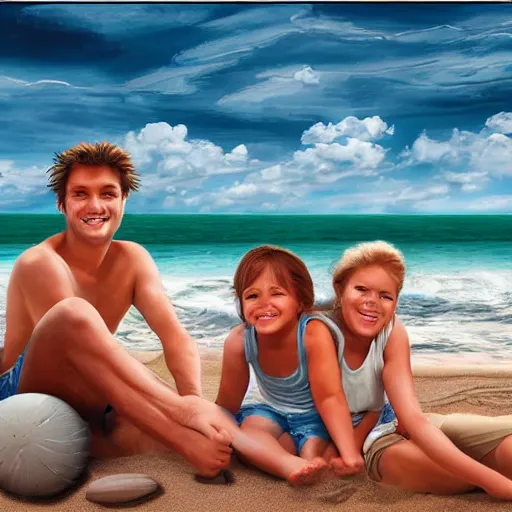 Prompt: portrait of a happy family on a beach, realistic shaded perfect face, extremely fine details, realistic shaded lighting, 8 k ultra realistic, highly detailed, ultra detailed