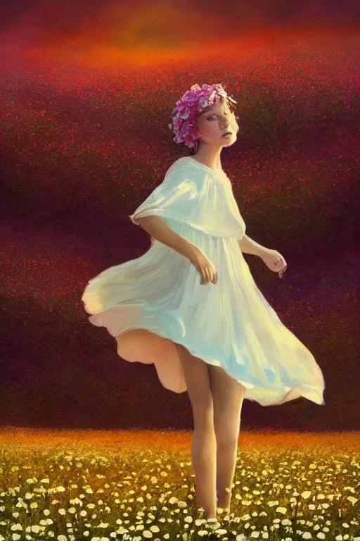 Prompt: giant white daisy flower head, girl dancing in a flower field, surreal photography, sunrise, dramatic light, impressionist painting, colorful clouds, digital painting, artstation, simon stalenhag