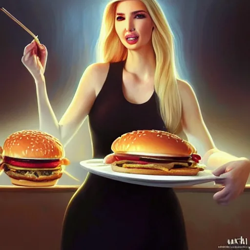 Image similar to Ivanka Trump eating a mcdonald's big mac hamburger, dripping BBQ Sauce, serving burgers, intricate, elegant, feminine ethereal, hearthstone, D&D, magical mystical, highly detailed, digital painting, artstation, concept art, matte, sharp focus, hyperreal, art by Artgerm and Greg Rutkowski and Alphonse Mucha