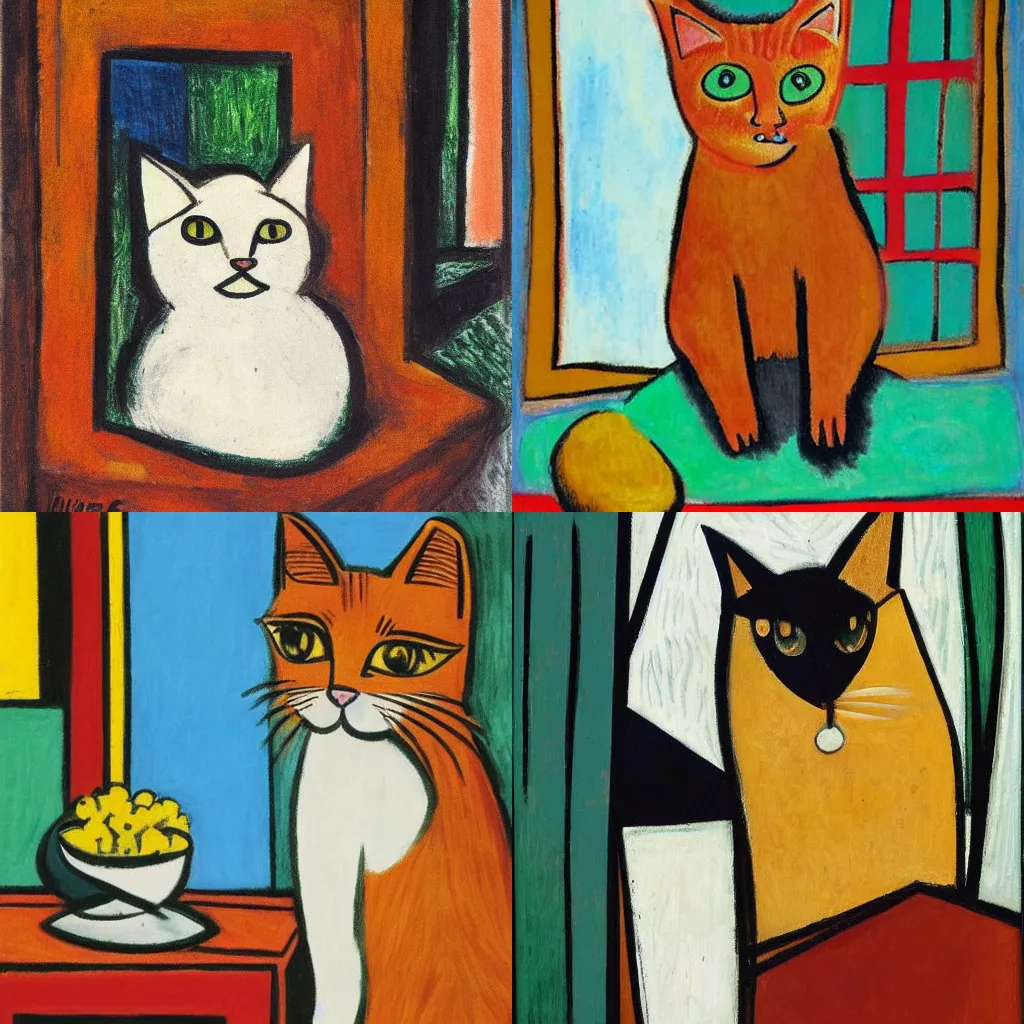 Prompt: Ginger cat sat by a window on a summers day by Picasso