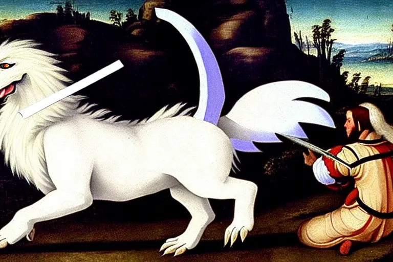 Image similar to a white feathered wolf with a bladed horn and tail. a renaissance oil painting of absol in the style of a pokemon snap screenshot.