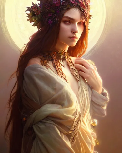 Image similar to beautiful female druid, portrait, fantasy, young, perfect eyes, detailed, intricate, leaves and simple cloth, global lighting, digital art, digital painting, artstation, wlop, sharp focus, illustration, art by artgerm and greg rutkowski and alphonse mucha, 8 k