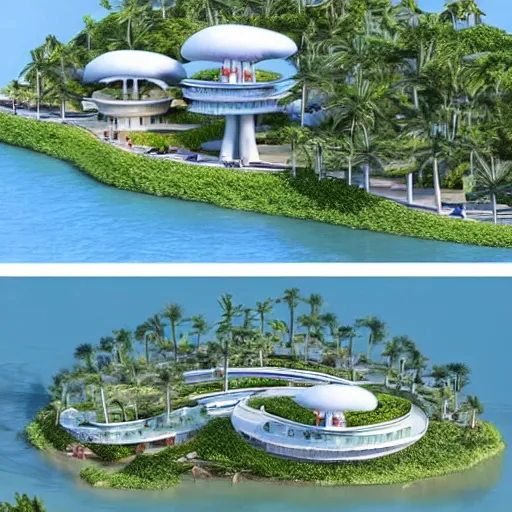 Image similar to architectural renderings, a seaside visitor center consisting of three mushroom - shaped buildings on the blue sea with tall coconut trees ， detailed