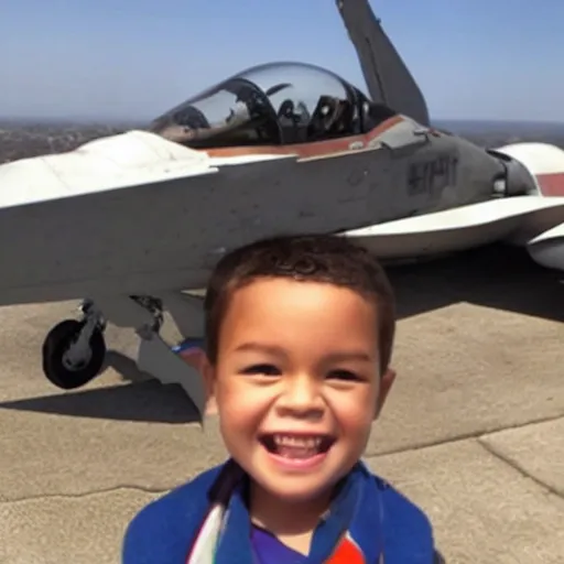 Image similar to Selfie of child joyriding in stolen fighter jet