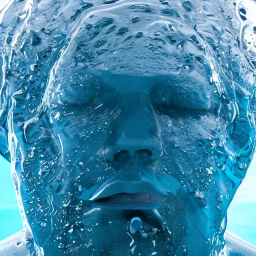 Image similar to spilling water creating a human head out sculpture of water, on the ocean water, ray tracing, realistic water sharp focus, long shot, 8 k resolution, cinematic, amazing water art