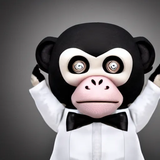 Image similar to monkey wearing a tuxedo, studio photography,