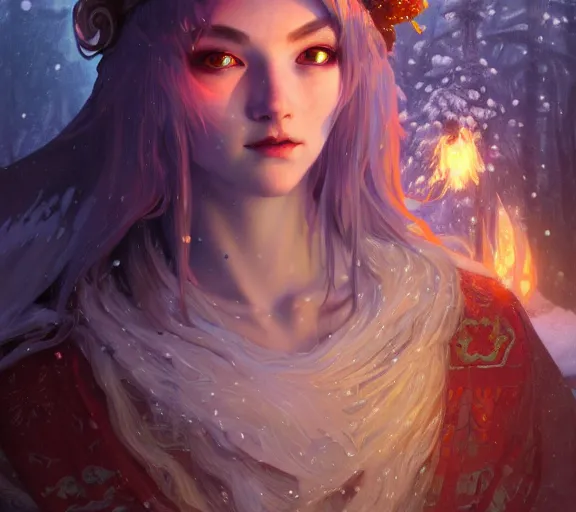 Image similar to beautiful ancient frost witch, fire in eye, snow glow, pool party, highly detailed, digital painting, artstation, sharp focus, illustration, art by tan zi and ayanamikodon and alphonse mucha and wlop