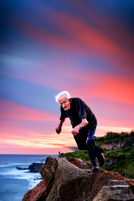 Image similar to elderly man falling off a cliff, tragic moment, 8 k, award winning photograph, sunset in background, highly - detailed