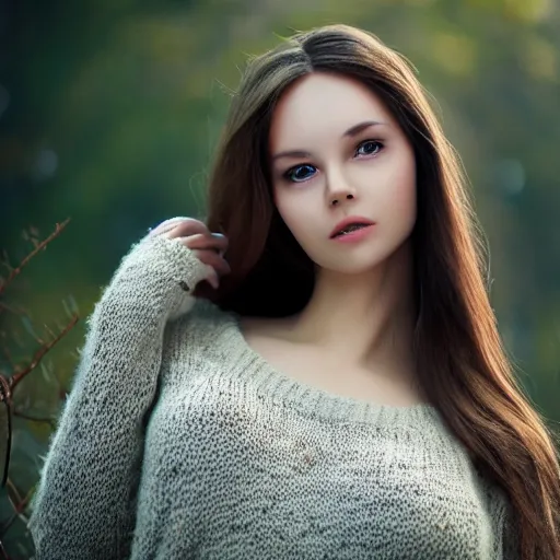 Image similar to real life photo of a beautiful girl, full body photoshoot, long brown hair, brown eyes, full round face, short smile, belly free, brown sweater, forest setting, cinematic lightning, medium shot, mid - shot, highly detailed, trending on artstation, unreal engine 4 k, 8 0 mm, 8 5 mm, cinematic wallpaper