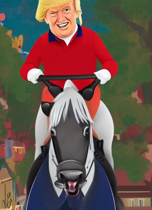 Prompt: Donald trump riding a pony in the style of pixar