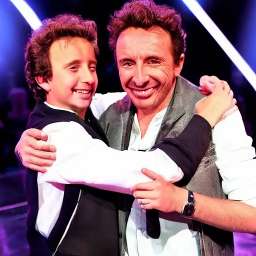 Image similar to marco borsato hugging young star on stage at the voice