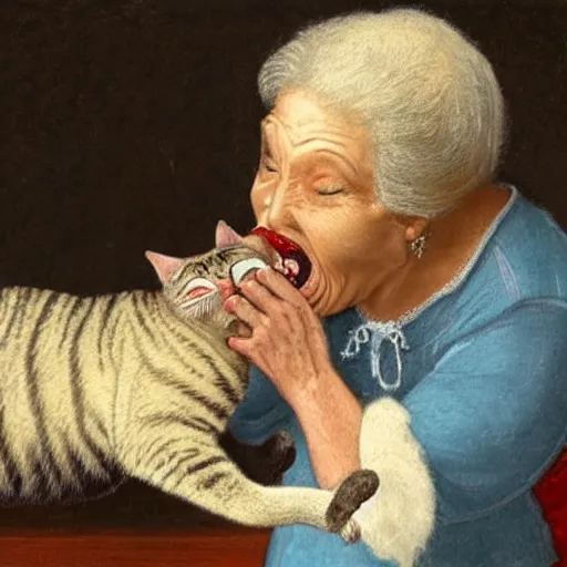 Image similar to an old woman opening her mouth wide and swallowing a cat