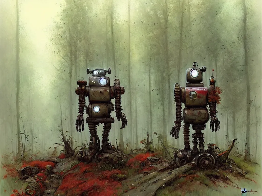 Image similar to adventurer ( ( ( ( ( 1 9 5 0 s retro future robot vehical in the forrest. muted colors. swamps ) ) ) ) ) by jean baptiste monge!!!!!!!!!!!!!!!!!!!!!!!!! chrome red