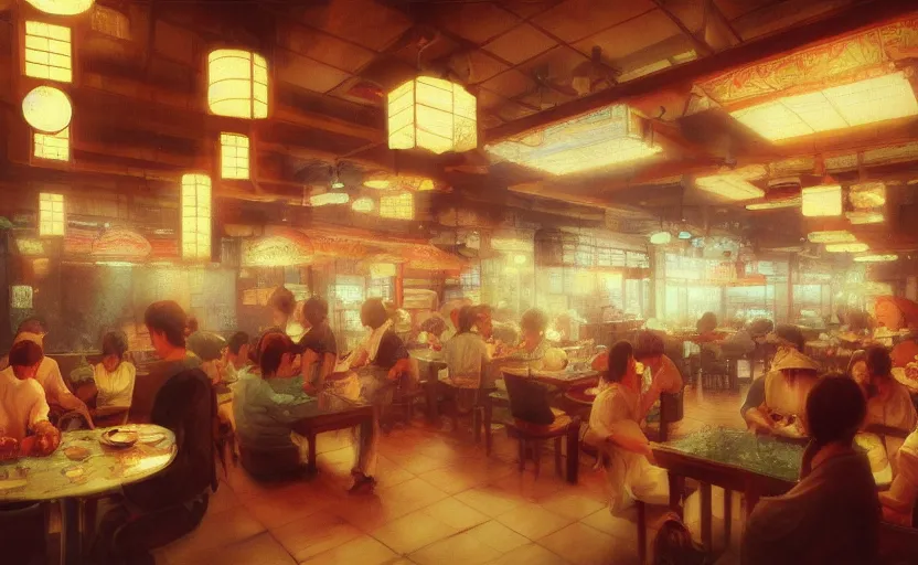 Prompt: a busy Japanese restaurant interior, painting by Craig Mullins, octane rendering, warm moody lighting, wide angle lens, low view, in the style of Pixar animation, trending on artstation,