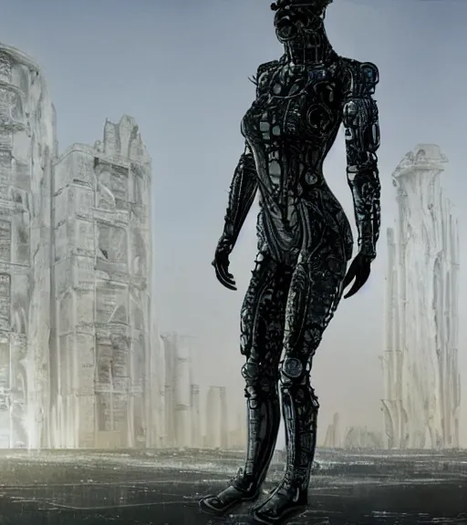 Image similar to tarkovsky's greatest scene, the ancient destroyed majestic tower of babylon, woman in a gantz o suit, futuristic cyber clothing, transparent puffer jacket, hyperrealistic, blockchain, cyber world, ambient lighting, concept art, intricate suit, hyper detailed, smooth, dynamic volumetric lighting, octane, ray trace, cinematic, high quality, cgsociety