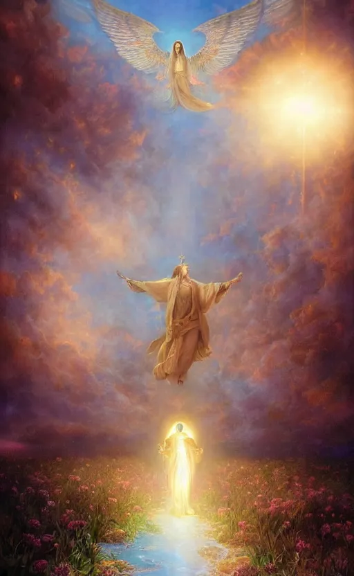 Image similar to crossing over the spiritual veil to heaven, sharp focus, intricate, elegant, digital painting, artstation, matte, highly detailed, concept art, illustration, volumetric lighting, gold and blue and pink color scheme, bokeh light, art by greg olsen, arnold friberg, and liz lemon swindle