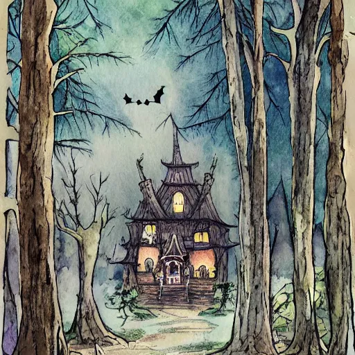 Image similar to the hall in the castle decorated for halloween hayao miyazaki in a small clearing among trees, watercolor illustration for a book