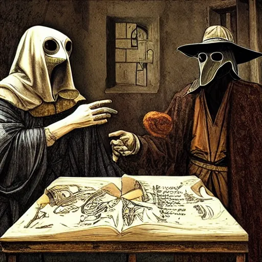 Prompt: leonardo davinci and a plague doctor hosting a podcast, intricate, highly detailed, comic book style, 4 k, concept art, table with microphones