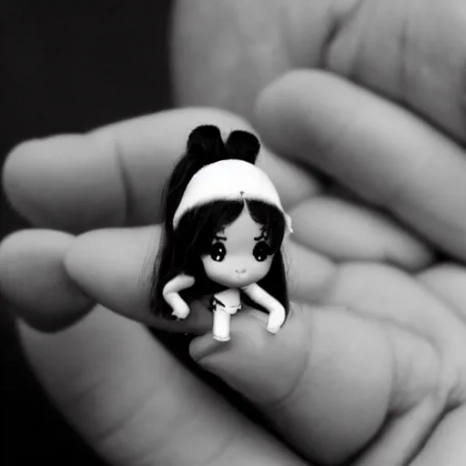 Image similar to very very very tiny ariana grande small ariana grande 1 inch tall. she is situated comfortably in the palm of my hand. I am carrying around the smallest ariana grande in the world!!!! award-winning bw photography