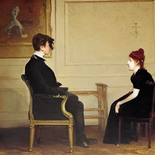 Image similar to young victorian man and woman solving an escape room riddle, sitting, thinking painted by alfred stevens