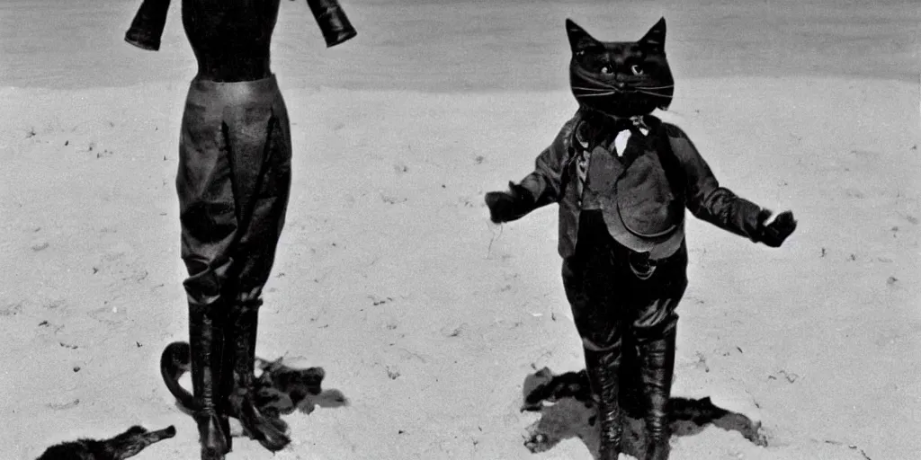 Image similar to 1920s photograph of a humanoid cat wearing a steampunk suit, standing at the beach, looking at the camera