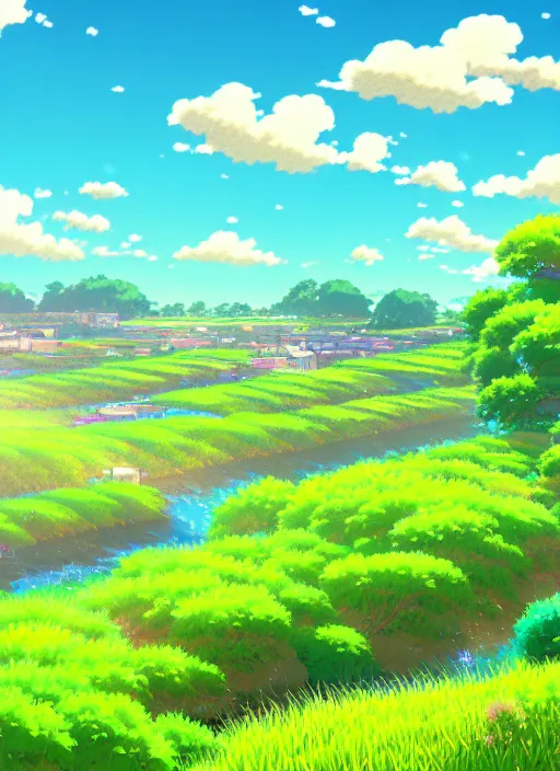 Image similar to a colourful ultradetailed anime illustration of a rainy fields and villages, river, sky, summer, by ghibli, makoto shinkai, bright and transparent animation style, anime art wallpaper 4 k, trending on artstation