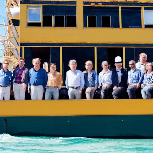 Image similar to photograph of a ship full of math professors, wide shot, sunny day, soft focus