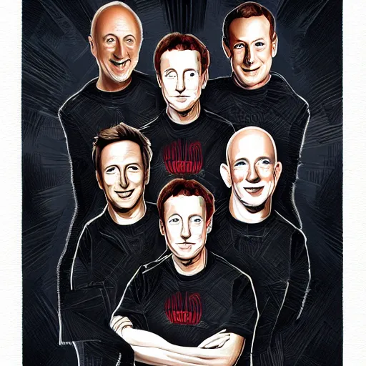 Image similar to portrait of elon musk, mark zuckerberg, jeff bezos, in meeting together, very detailed, art contest winner on behance, trendy on deviant art, by by artgem