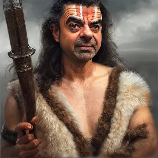 Prompt: portrait of Rowan Atkinson as a barbarian, detailed, centered, digital painting, artstation, concept art, donato giancola, Joseph Christian Leyendecker, WLOP, Boris Vallejo, Breathtaking, 8k resolution, extremely detailed, beautiful, establishing shot, artistic, hyperrealistic, octane render