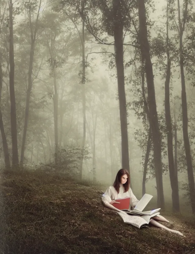 Image similar to Girl in white reading a book sitting on a tree in a foggy forest, Cinematic focus, Polaroid photo, vintage, neutral colors, soft lights, by Steve Hanks, by Serov Valentin, by lisa yuskavage, by Andrei Tarkovsky 8k render, detailed, oil on canvas