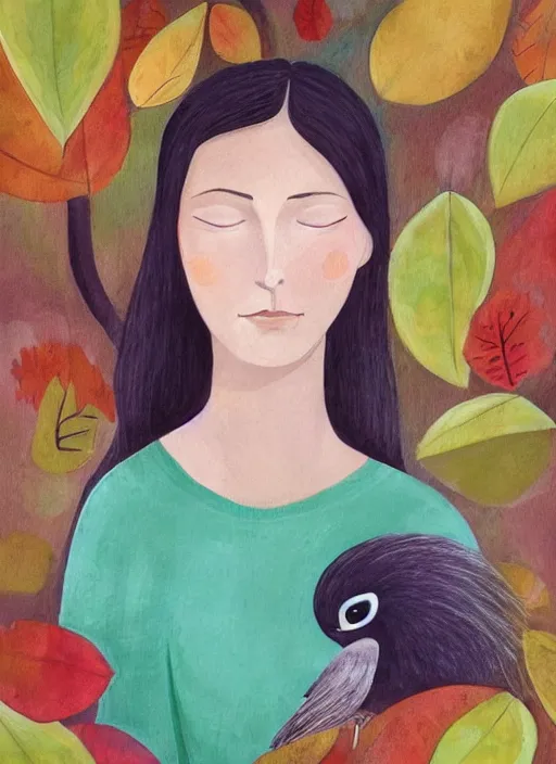 Image similar to a wonderful childrens illustration book portrait painting of a woman with serene emotion, art by tracie grimwood, forest, trees, many leaves, birds, whimsical, aesthetically pleasing and harmonious natural colors