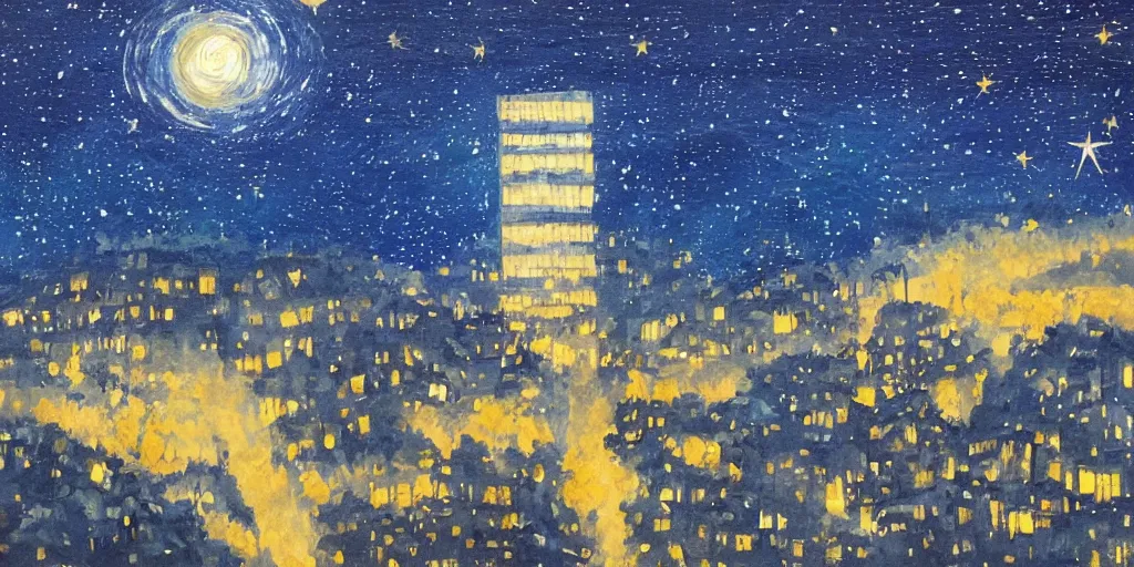 Image similar to stary night painting, norman foster tower, house, city