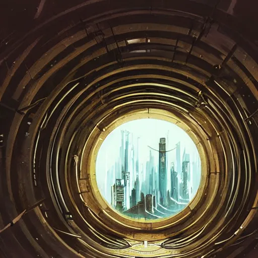 Prompt: centered circular derelict portal in a middle of a futuristic cityscape located under a bridgeway, world seen only through a portal, daylight, cinematic perspective, cinematic lighting, blue sky, syd mead, john harris, symmetrical