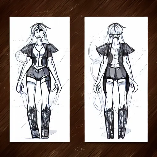 Image similar to a never before seen character, female, cute, beautiful, young, concept sketch, front and back