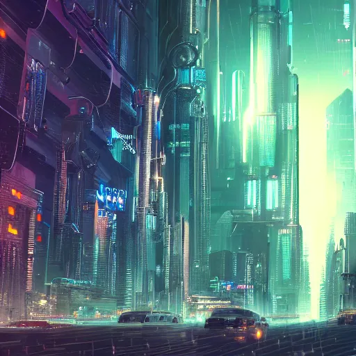 Prompt: a highly detailed cyberpunk Bladerunner cityscape. Industrial towers stand together with tall skyscrapers and Space elevators reaching up to the stars on a dark clear night.