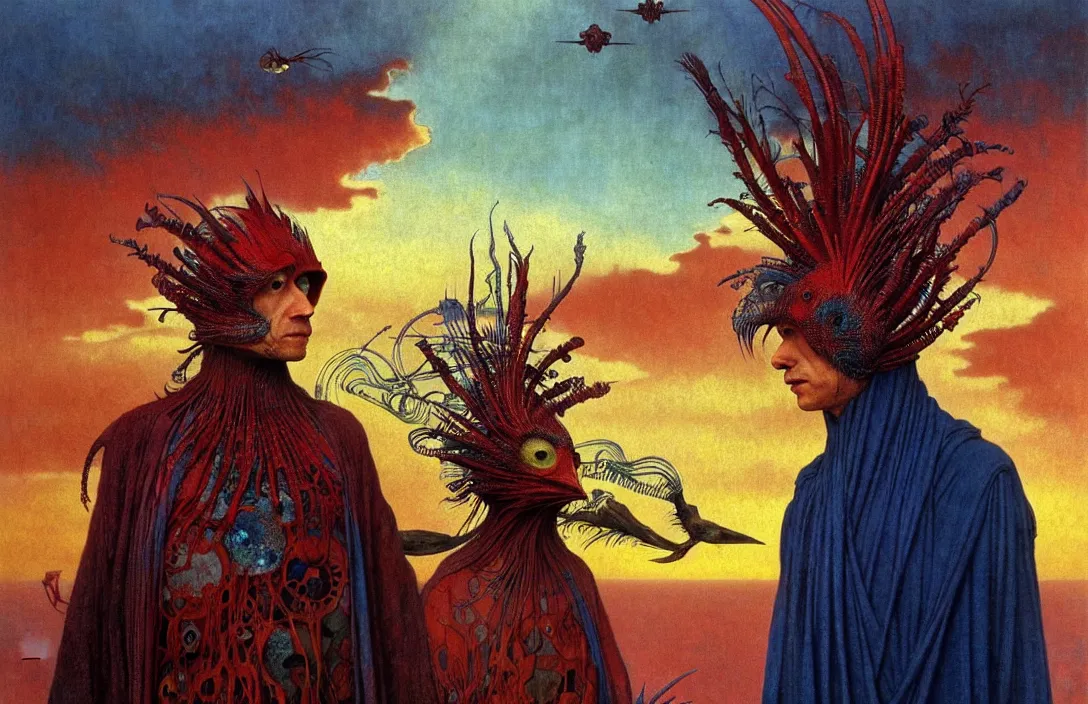 Image similar to realistic detailed portrait movie shot of a birdman wearing dark ragged robes, sci fi city sunset landscape background by denis villeneuve, amano, yves tanguy, alphonse mucha, ernst haeckel, max ernst, roger dean, masterpiece, rich moody colours, blue eyes