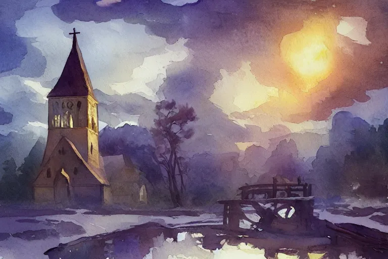 Prompt: small centered on watercolor paper, paint brush strokes, abstract watercolor painting of traditional wooden church tower, viking dragon decor, translucent leaves, cinematic light, national romanticism by hans dahl, by jesper ejsing, by anders zorn, by greg rutkowski, by greg manchess, by tyler edlin