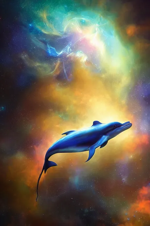 Prompt: Ethereal blue fire dolphin flying through a nebula, Sirius star system, star dust, cosmic, magical, shiny, glow,cosmos, galaxies, stars, outer space, stunning, by andreas rocha and john howe, and Martin Johnson Heade, featured on artstation, featured on behance, golden ratio, ultrawide angle, hyper detailed, photorealistic, epic composition, wide angle, f32, well composed, UE5, 8k