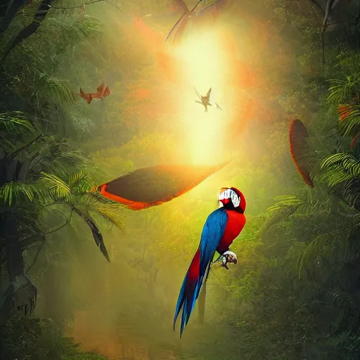 Prompt: gorgeous macaws flying at dawn through the forest get hit by beautiful light, amazon in the background, sentient bird, highly detailed, ethereal macaw, heavenly lighting, digital art, trending on art station