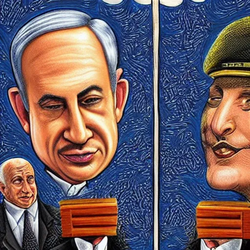 Image similar to benjamin netanyahu's dream conundrum, highly detalied, by michael cheval